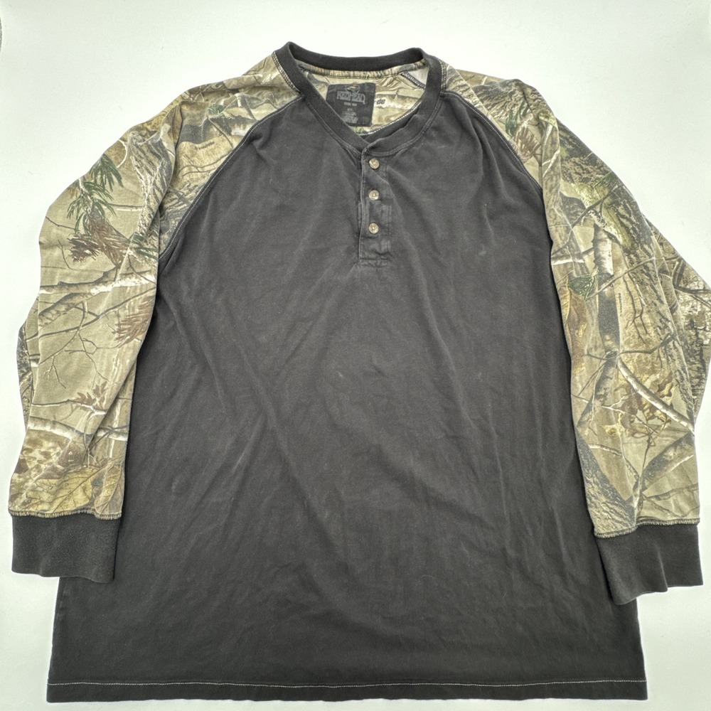 Redhead Men Button Up Shirt 2XL Black Camouflage Raglan Long Sleeve Henley